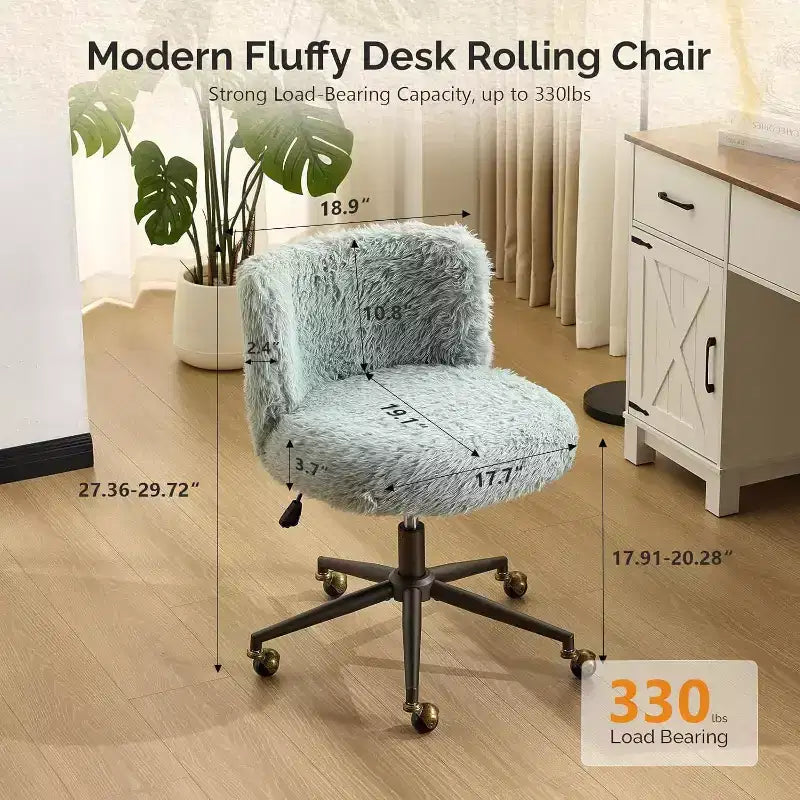 VINGLI Chaise de bureau rembourrée en peluche avec dossier incurvé, jolie chaise à roulettes avec base bronze et roulettes pivotantes à 360° en bronze doré