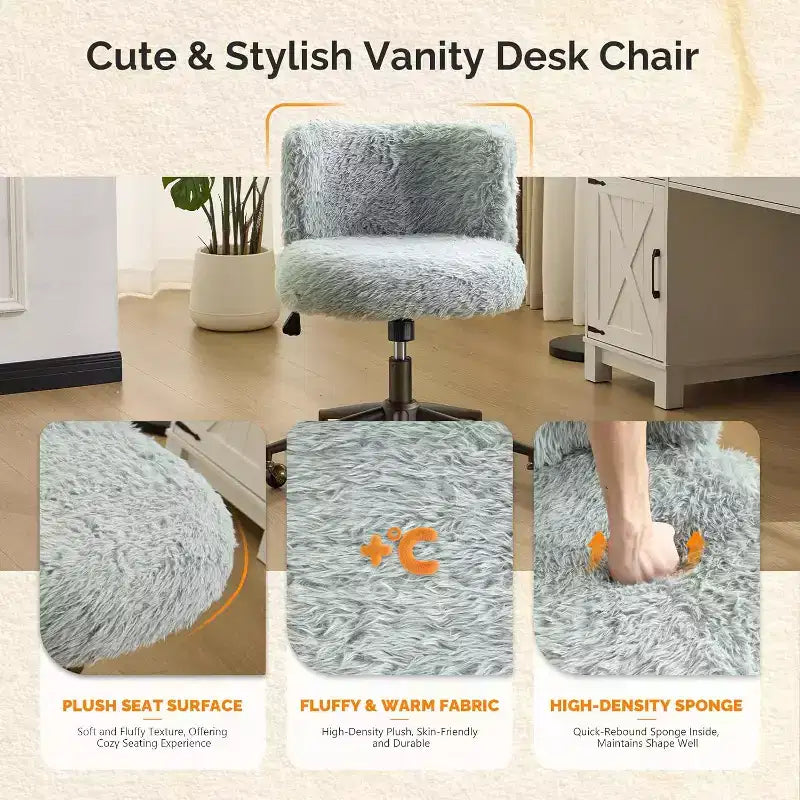VINGLI Chaise de bureau rembourrée en peluche avec dossier incurvé, jolie chaise à roulettes avec base bronze et roulettes pivotantes à 360° en bronze doré