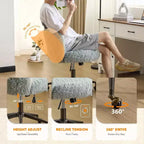 VINGLI Chaise de bureau rembourrée en peluche avec dossier incurvé, jolie chaise à roulettes avec base bronze et roulettes pivotantes à 360° en bronze doré
