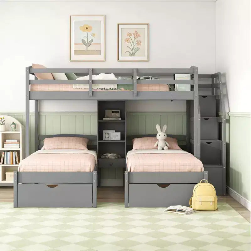 Luxystar Twin Size Triple Bunk Bed with 3 Drawers, 6 Shelves, High Guardrails and Sloped Ladder, Gray