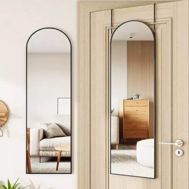 48x14 Black Hanging Mirror, Arched Over-The-Door Full Length Mirror, Aluminum Frame for Living Room Bedroom
