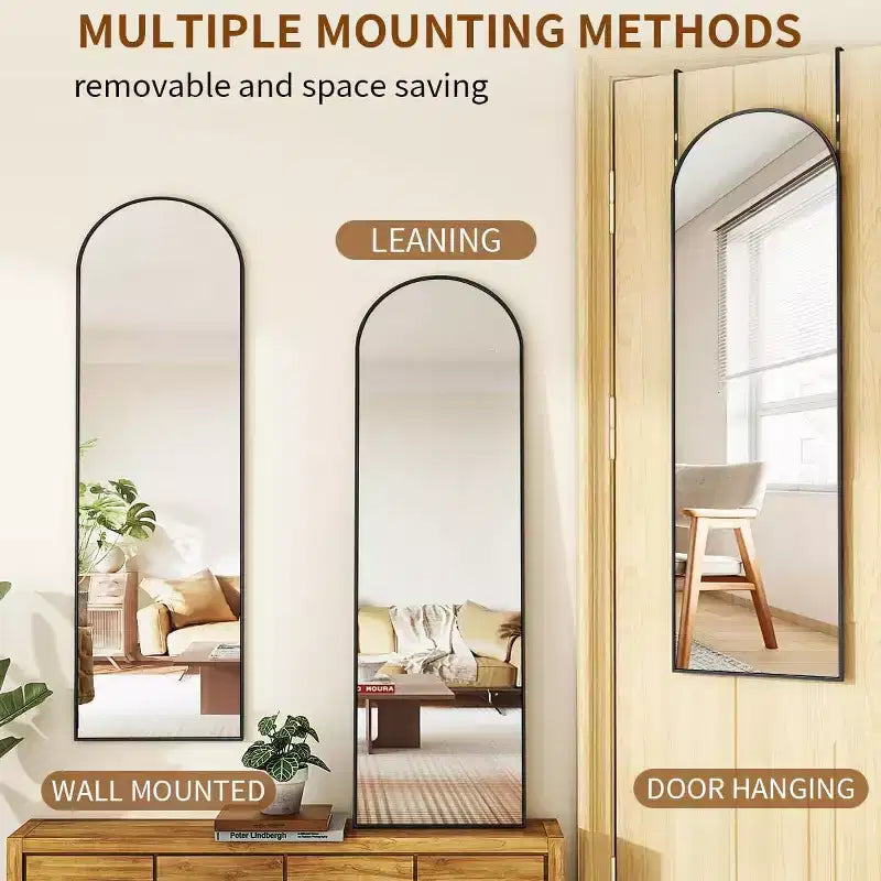 Miroir suspendu noir 48x14, miroir intégral arqué à suspendre à la porte, cadre en aluminium pour salon, chambre à coucher