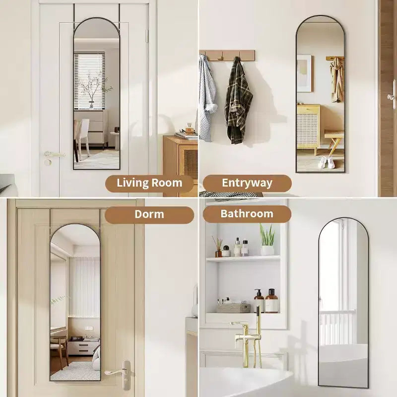 Miroir suspendu noir 48x14, miroir intégral arqué à suspendre à la porte, cadre en aluminium pour salon, chambre à coucher