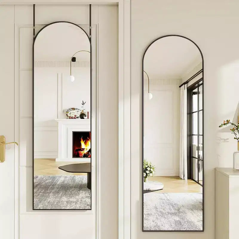 Miroir suspendu noir 48x14, miroir intégral arqué à suspendre à la porte, cadre en aluminium pour salon, chambre à coucher