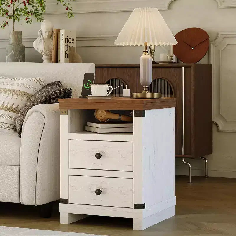Farmhouse White Nightstand with 2 Drawers,Open Shelf, Modern Bedside End Table Accent Side Table for Bedroom or Living Room,Small Space
