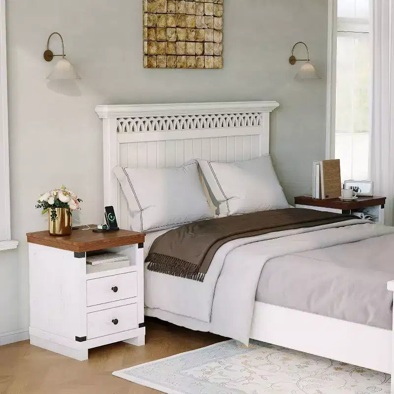 Table de chevet rustique blanche avec 2 tiroirs, étagère ouverte, table d'appoint moderne pour chambre ou salon, petit espace