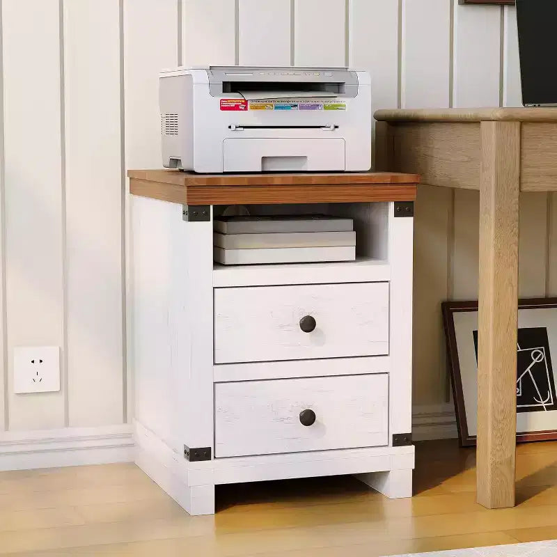 Table de chevet rustique blanche avec 2 tiroirs, étagère ouverte, table d'appoint moderne pour chambre ou salon, petit espace