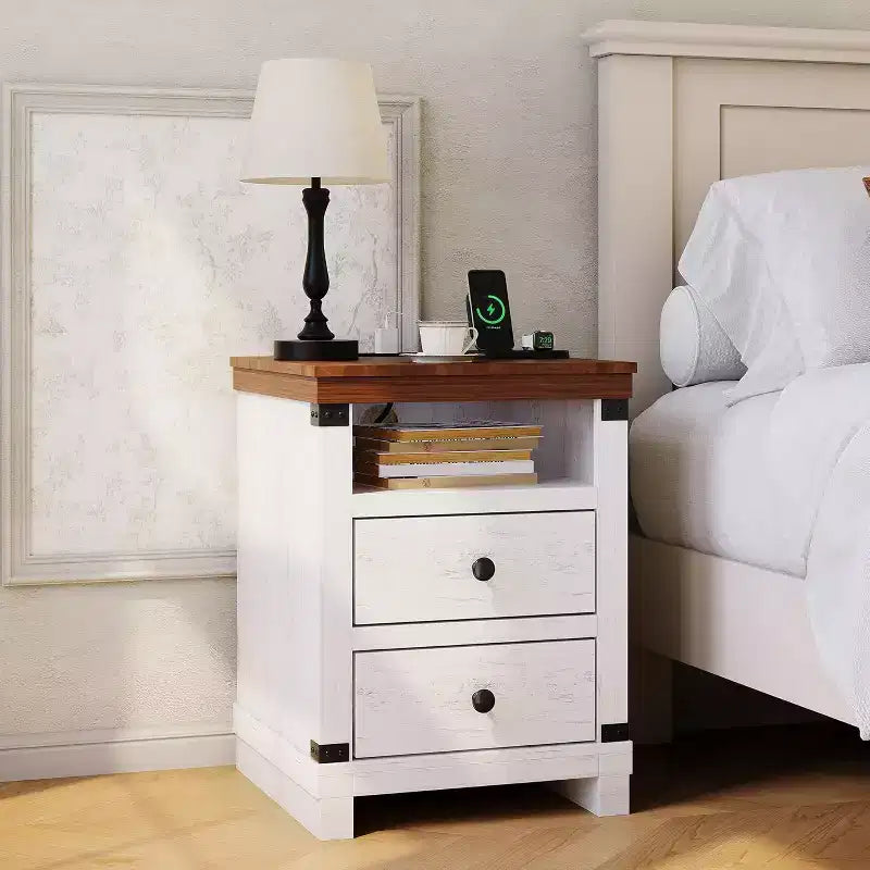 Table de chevet rustique blanche avec 2 tiroirs, étagère ouverte, table d'appoint moderne pour chambre ou salon, petit espace