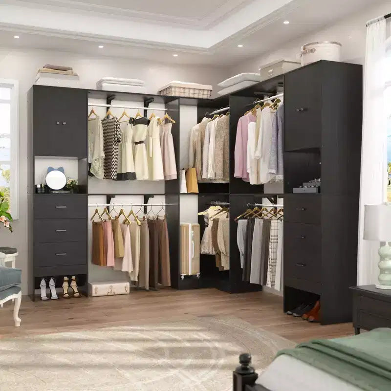 Besiost Ensemble de 3 penderies d'angle avec 8 tringles et 6 tiroirs, organisateur de dressing de 3 m à 3,6 m