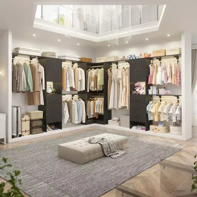 Besiost Ensemble de 3 penderies d'angle avec 8 tringles et 6 tiroirs, organisateur de dressing de 3 m à 3,6 m