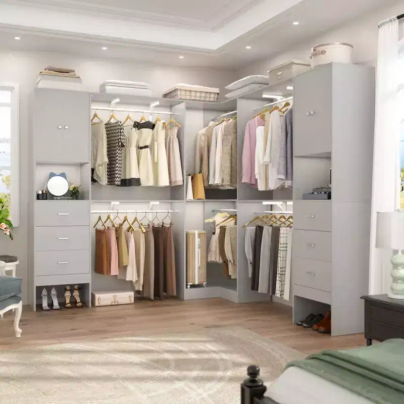 Besiost Ensemble de 3 penderies d'angle avec 8 tringles et 6 tiroirs, organisateur de dressing de 3 m à 3,6 m