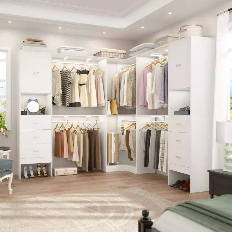 Besiost Ensemble de 3 penderies d'angle avec 8 tringles et 6 tiroirs, organisateur de dressing de 3 m à 3,6 m
