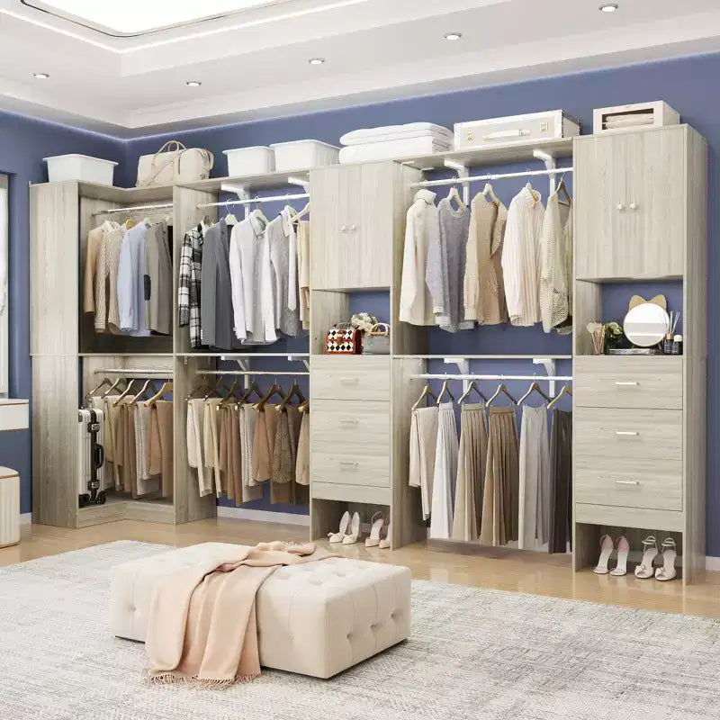 Besiost Set of 3 Corner Closet System with 8 Hanging Rods and 6 Drawers, 10 FT-12 FT Walk-In Closet Organizer