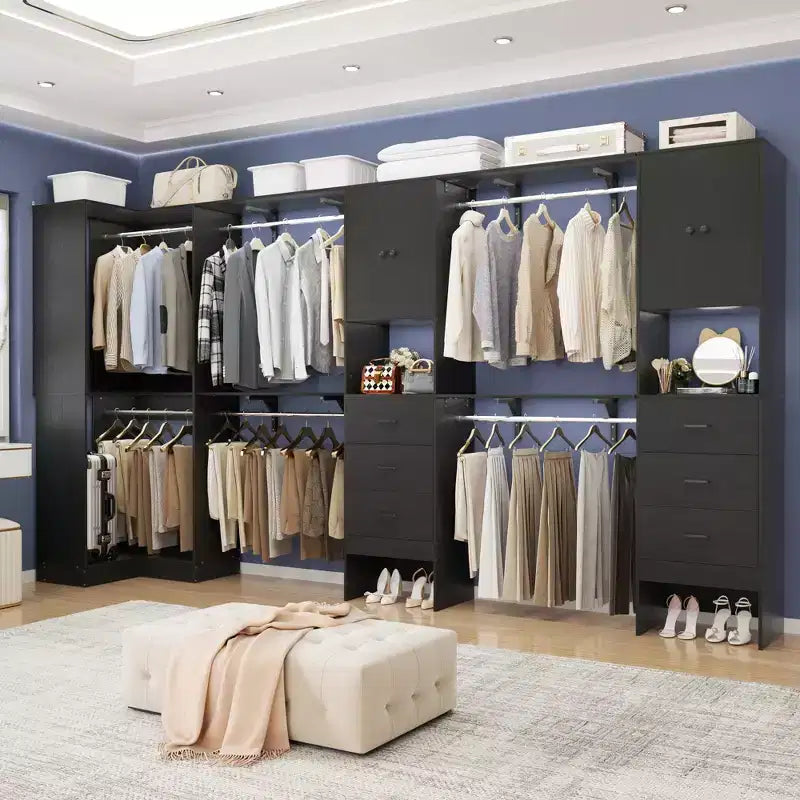 Besiost Ensemble de 3 penderies d'angle avec 8 tringles et 6 tiroirs, organisateur de dressing de 3 m à 3,6 m