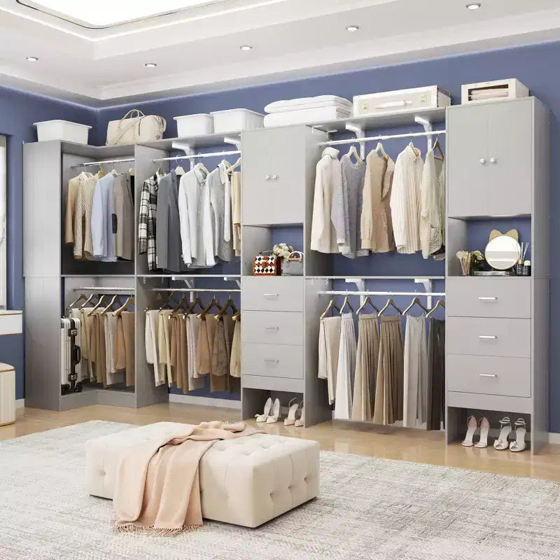 Besiost Ensemble de 3 penderies d'angle avec 8 tringles et 6 tiroirs, organisateur de dressing de 3 m à 3,6 m