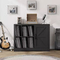 Record Player Stand Cabinet with Door, Farmhouse Turntable Storage Cabinet with Holder Shelves up to 750 Albums, Wooden CD DVD Table Rack