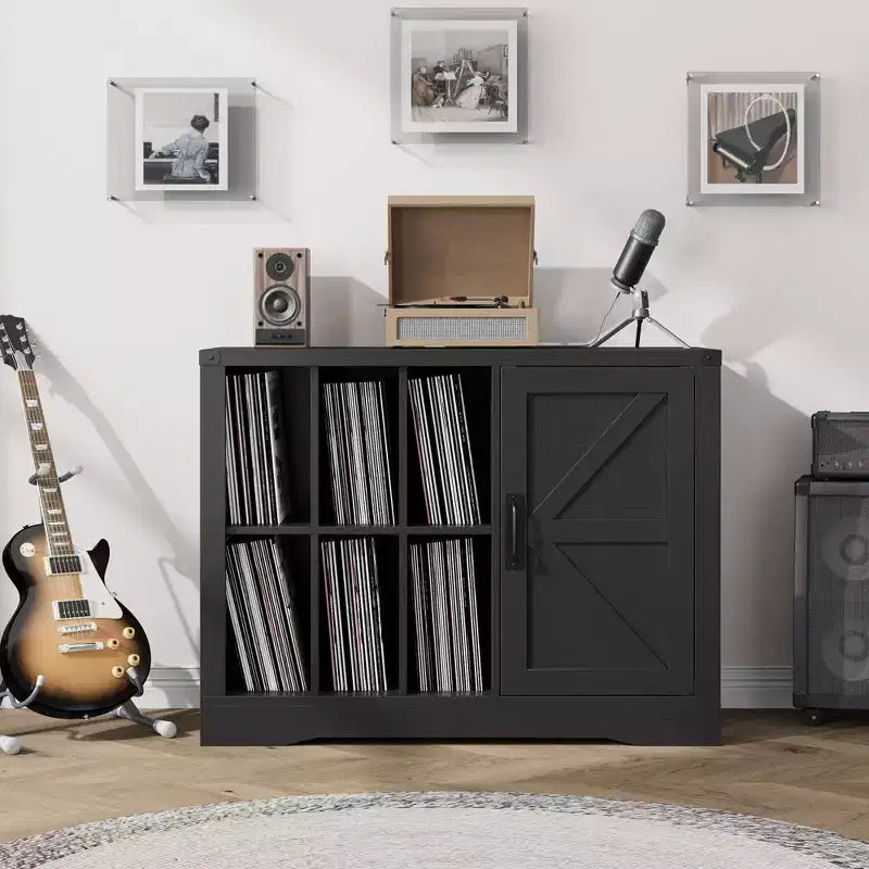 Record Player Stand Cabinet with Door, Farmhouse Turntable Storage Cabinet with Holder Shelves up to 750 Albums, Wooden CD DVD Table Rack