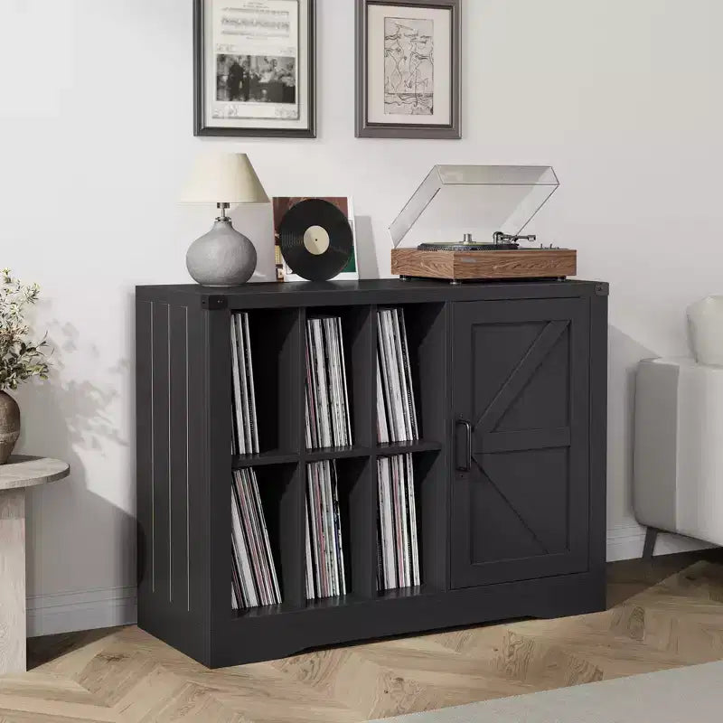 Meuble de support de tourne-disque avec porte, Meuble de rangement pour tourne-disque de style ferme avec étagères pouvant contenir jusqu'à 750 albums, Meuble de rangement en bois pour CD DVD