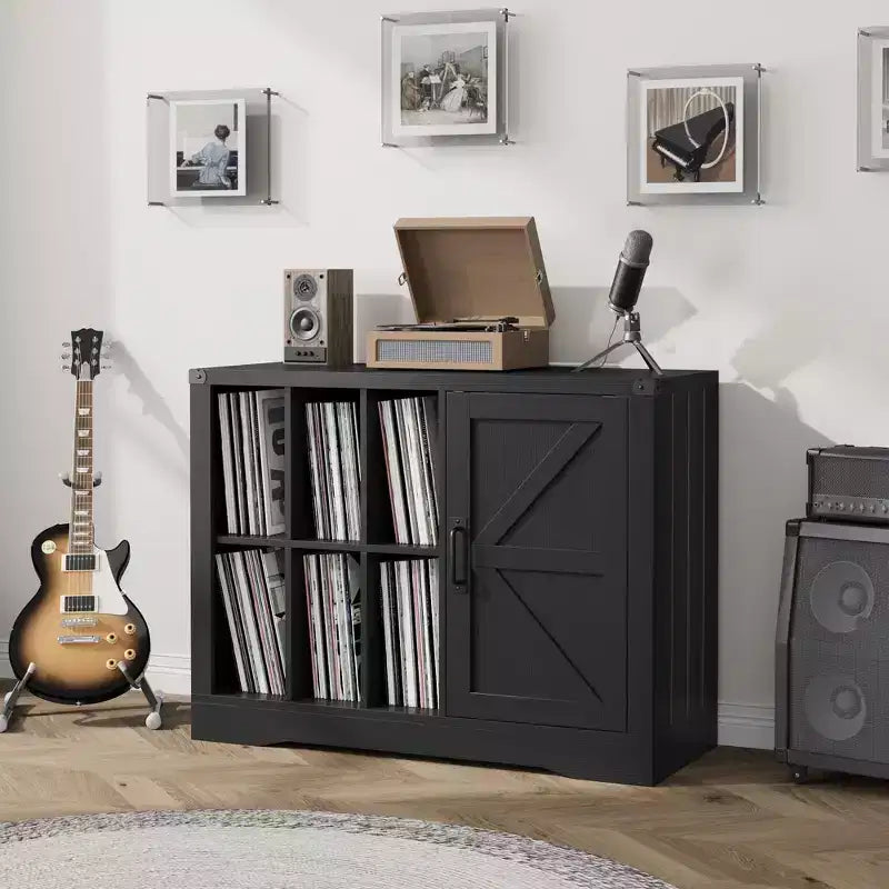 Meuble de support de tourne-disque avec porte, Meuble de rangement pour tourne-disque de style ferme avec étagères pouvant contenir jusqu'à 750 albums, Meuble de rangement en bois pour CD DVD