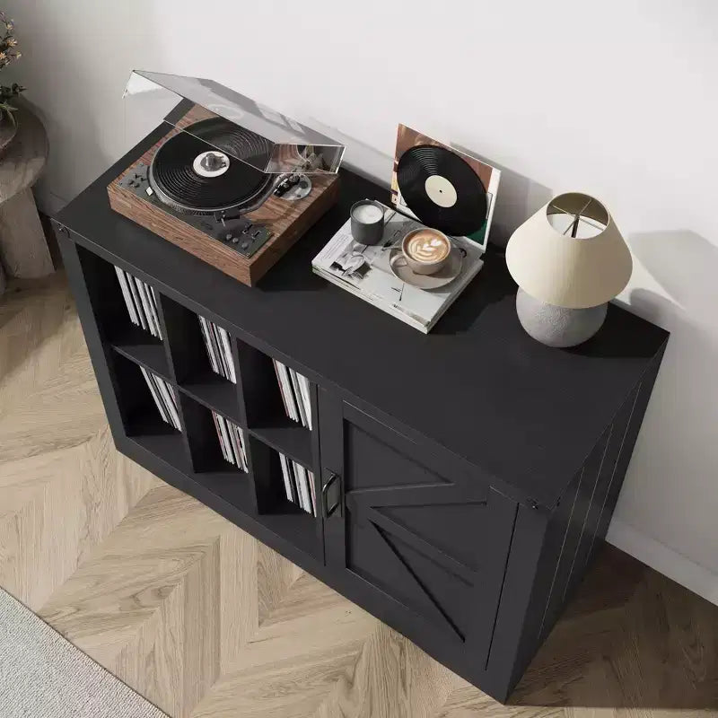 Meuble de support de tourne-disque avec porte, Meuble de rangement pour tourne-disque de style ferme avec étagères pouvant contenir jusqu'à 750 albums, Meuble de rangement en bois pour CD DVD