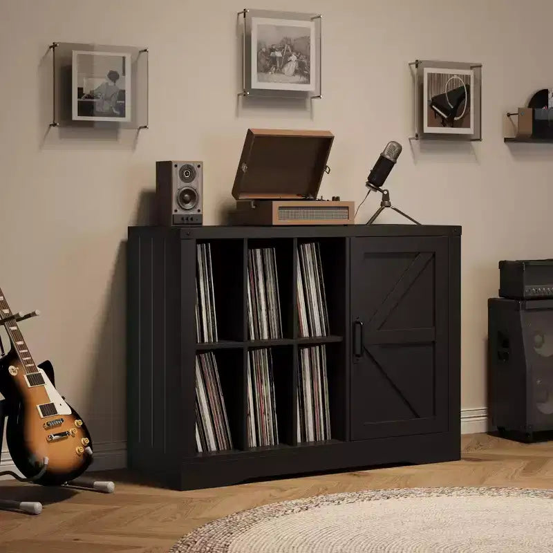 Meuble de support de tourne-disque avec porte, Meuble de rangement pour tourne-disque de style ferme avec étagères pouvant contenir jusqu'à 750 albums, Meuble de rangement en bois pour CD DVD
