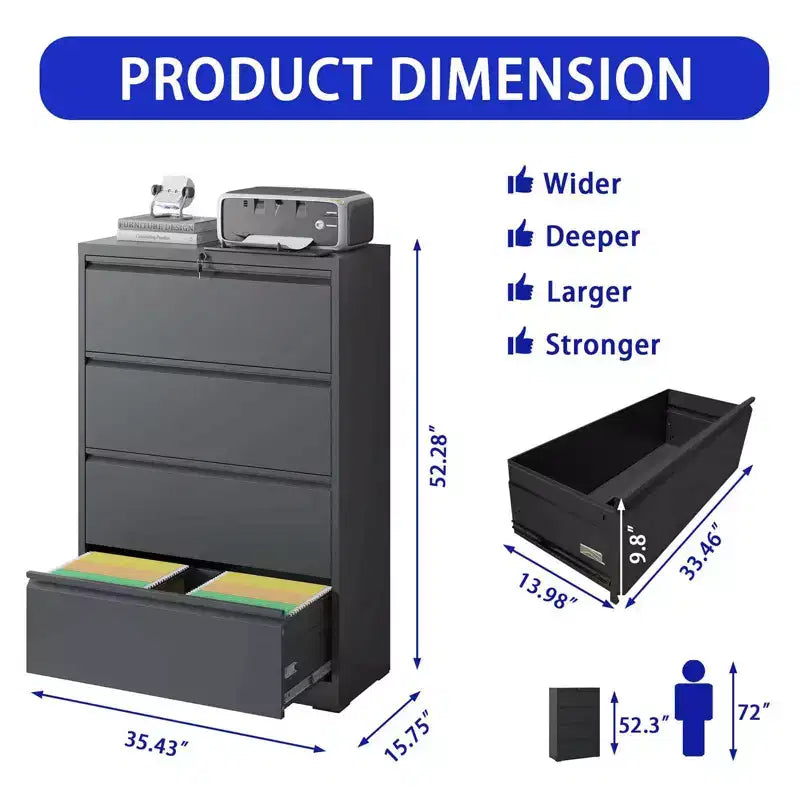Classeur latéral à 4 tiroirs noir/blanc, serrure et 2 clés, compatible avec les formats légal/A4/F4, utilisation par 2 personnes