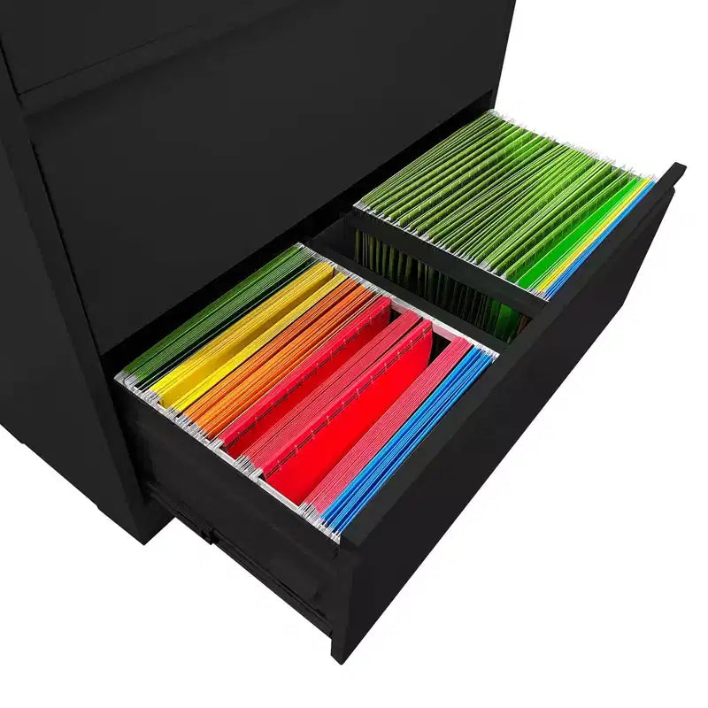 Classeur latéral à 4 tiroirs noir/blanc, serrure et 2 clés, compatible avec les formats légal/A4/F4, utilisation par 2 personnes