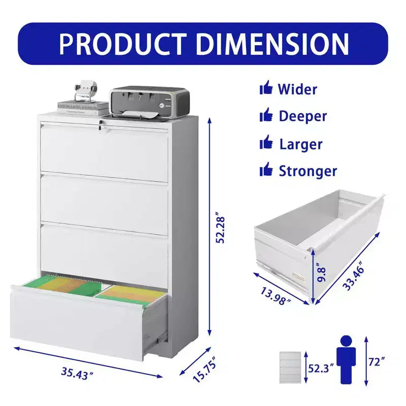 Classeur latéral à 4 tiroirs noir/blanc, serrure et 2 clés, compatible avec les formats légal/A4/F4, utilisation par 2 personnes