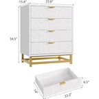 Commode à 4 tiroirs rose/blanc avec poignées dorées, façade gravée – Assemblage par 1 personne