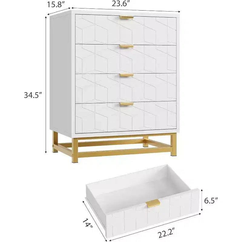 Commode à 4 tiroirs rose/blanc avec poignées dorées, façade gravée – Assemblage par 1 personne