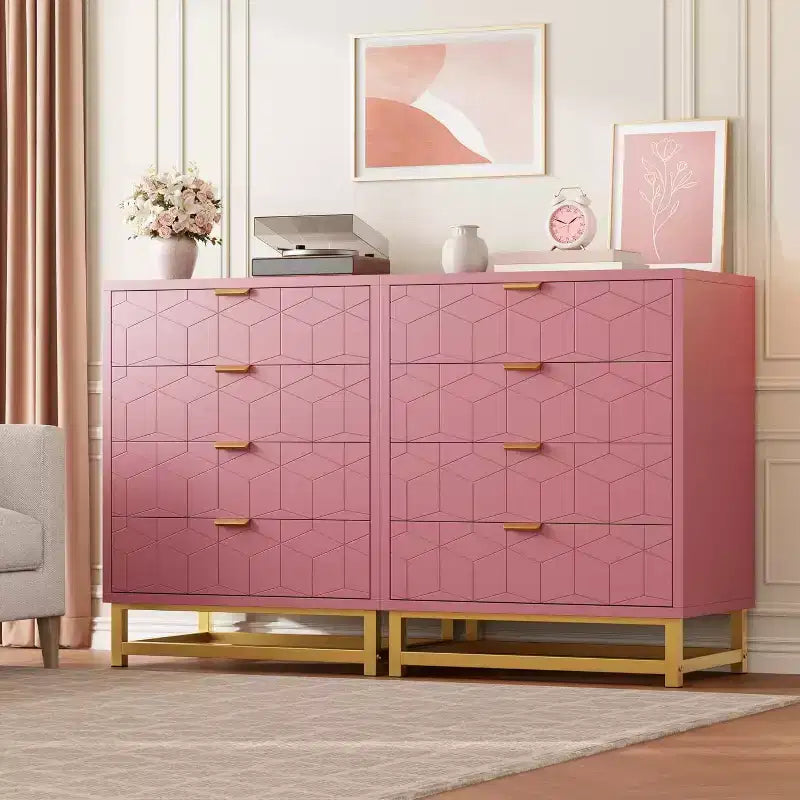 Commode à 4 tiroirs rose/blanc avec poignées dorées, façade gravée – Assemblage par 1 personne