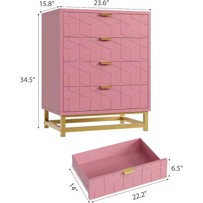 Commode à 4 tiroirs rose/blanc avec poignées dorées, façade gravée – Assemblage par 1 personne