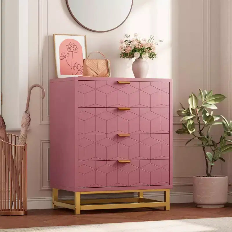 Commode à 4 tiroirs rose/blanc avec poignées dorées, façade gravée – Assemblage par 1 personne