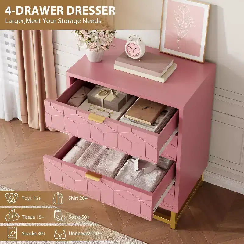 Commode à 4 tiroirs rose/blanc avec poignées dorées, façade gravée – Assemblage par 1 personne