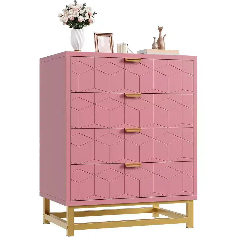 Acekool 4 Drawer Dresser, Modern Chest with Gold Handles and Engraved Front, Bedroom Storage Organizer for Entryway, Hallway, Living Room