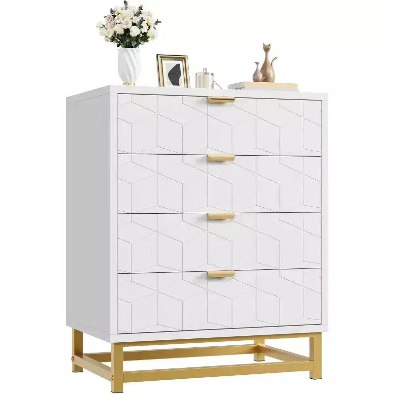 Commode à 4 tiroirs rose/blanc avec poignées dorées, façade gravée – Assemblage par 1 personne