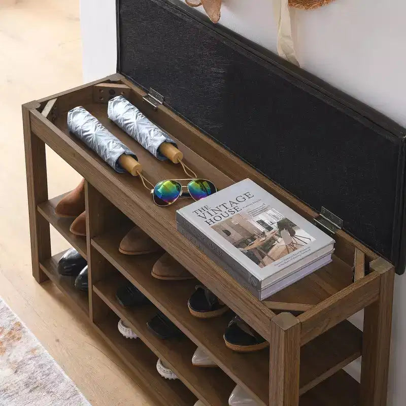 Pouffe de rangement en similicuir noir, assise simple