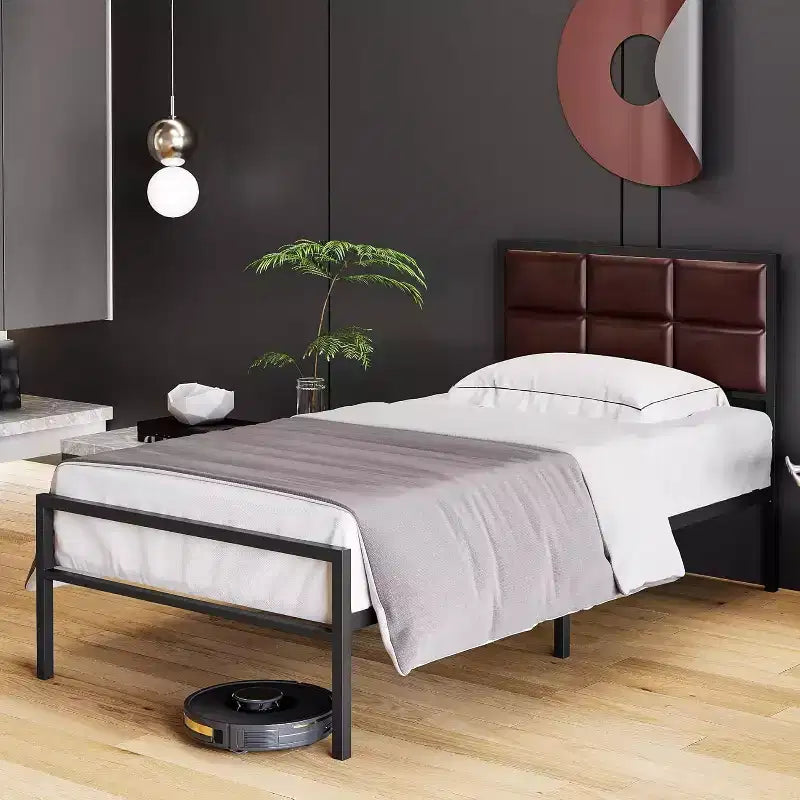 Queen Size Metal Platform Bed with Textured Headboard, Extra Large Under Bed Storage, Sturdy Slat Support, No Box Spring Needed for Bedroom