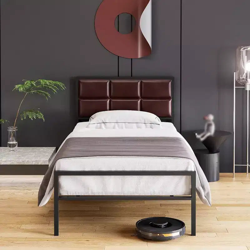Cadre de lit plateforme rembourré en simili cuir noir – Lit simple, 1 personne