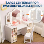 Coiffeuse pour enfants avec tiroirs, ensemble coiffeuse et chaise de princesse, miroir triptyque détachable, coiffeuse en bois pour tout-petits