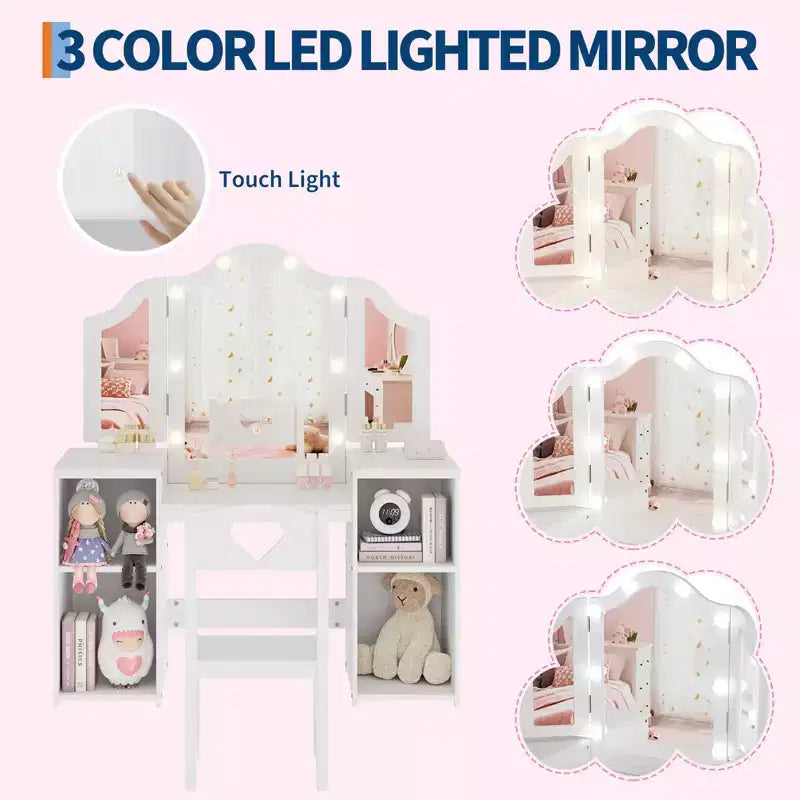 Coiffeuse pour enfants avec tiroirs, ensemble coiffeuse et chaise de princesse, miroir triptyque détachable, coiffeuse en bois pour tout-petits