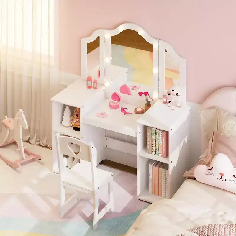 Coiffeuse pour enfants avec tiroirs, ensemble coiffeuse et chaise de princesse, miroir triptyque détachable, coiffeuse en bois pour tout-petits