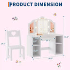 Coiffeuse pour enfants avec tiroirs, ensemble coiffeuse et chaise de princesse, miroir triptyque détachable, coiffeuse en bois pour tout-petits