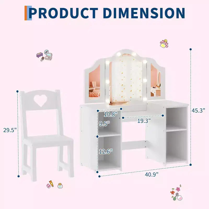 Coiffeuse pour enfants avec tiroirs, ensemble coiffeuse et chaise de princesse, miroir triptyque détachable, coiffeuse en bois pour tout-petits