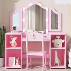 Coiffeuse pour enfants avec tiroirs, ensemble coiffeuse et chaise de princesse, miroir triptyque détachable, coiffeuse en bois pour tout-petits