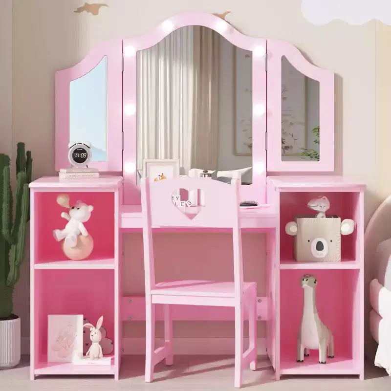 Coiffeuse pour enfants avec tiroirs, ensemble coiffeuse et chaise de princesse, miroir triptyque détachable, coiffeuse en bois pour tout-petits