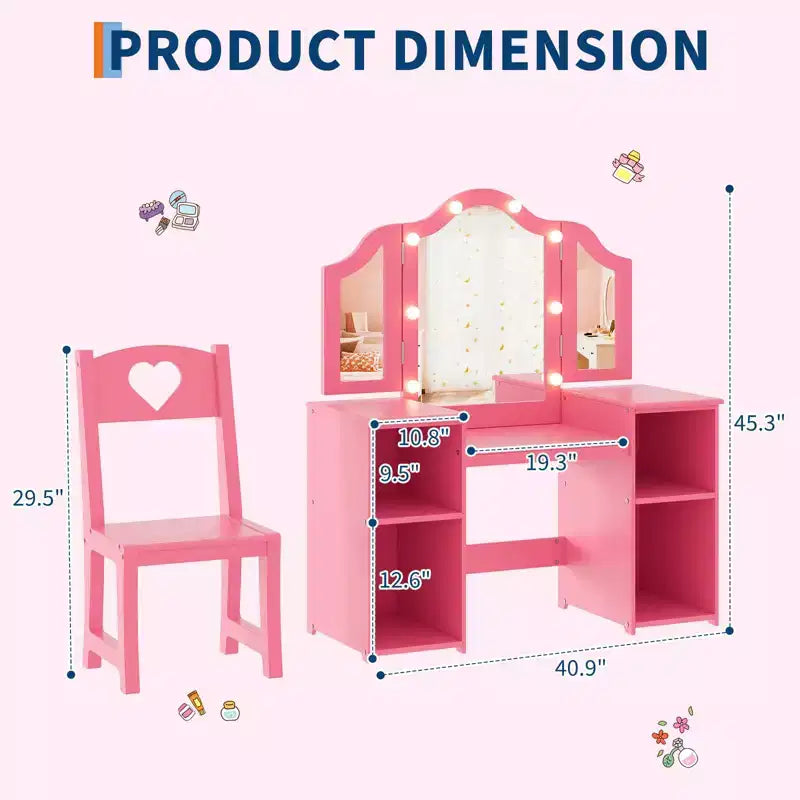 Coiffeuse pour enfants avec tiroirs, ensemble coiffeuse et chaise de princesse, miroir triptyque détachable, coiffeuse en bois pour tout-petits