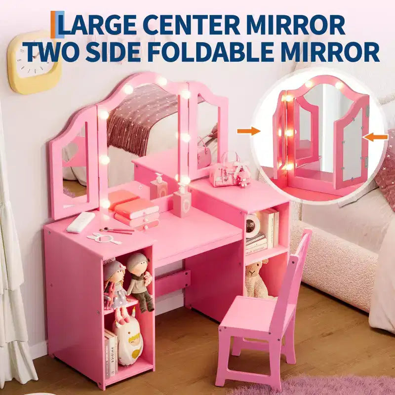 Coiffeuse pour enfants avec tiroirs, ensemble coiffeuse et chaise de princesse, miroir triptyque détachable, coiffeuse en bois pour tout-petits