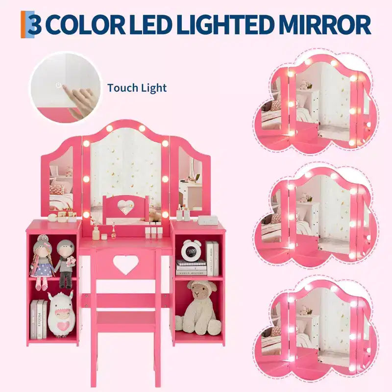 Coiffeuse pour enfants avec tiroirs, ensemble coiffeuse et chaise de princesse, miroir triptyque détachable, coiffeuse en bois pour tout-petits