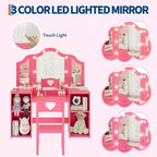 Coiffeuse pour enfants avec tiroirs, ensemble coiffeuse et chaise de princesse, miroir triptyque détachable, coiffeuse en bois pour tout-petits